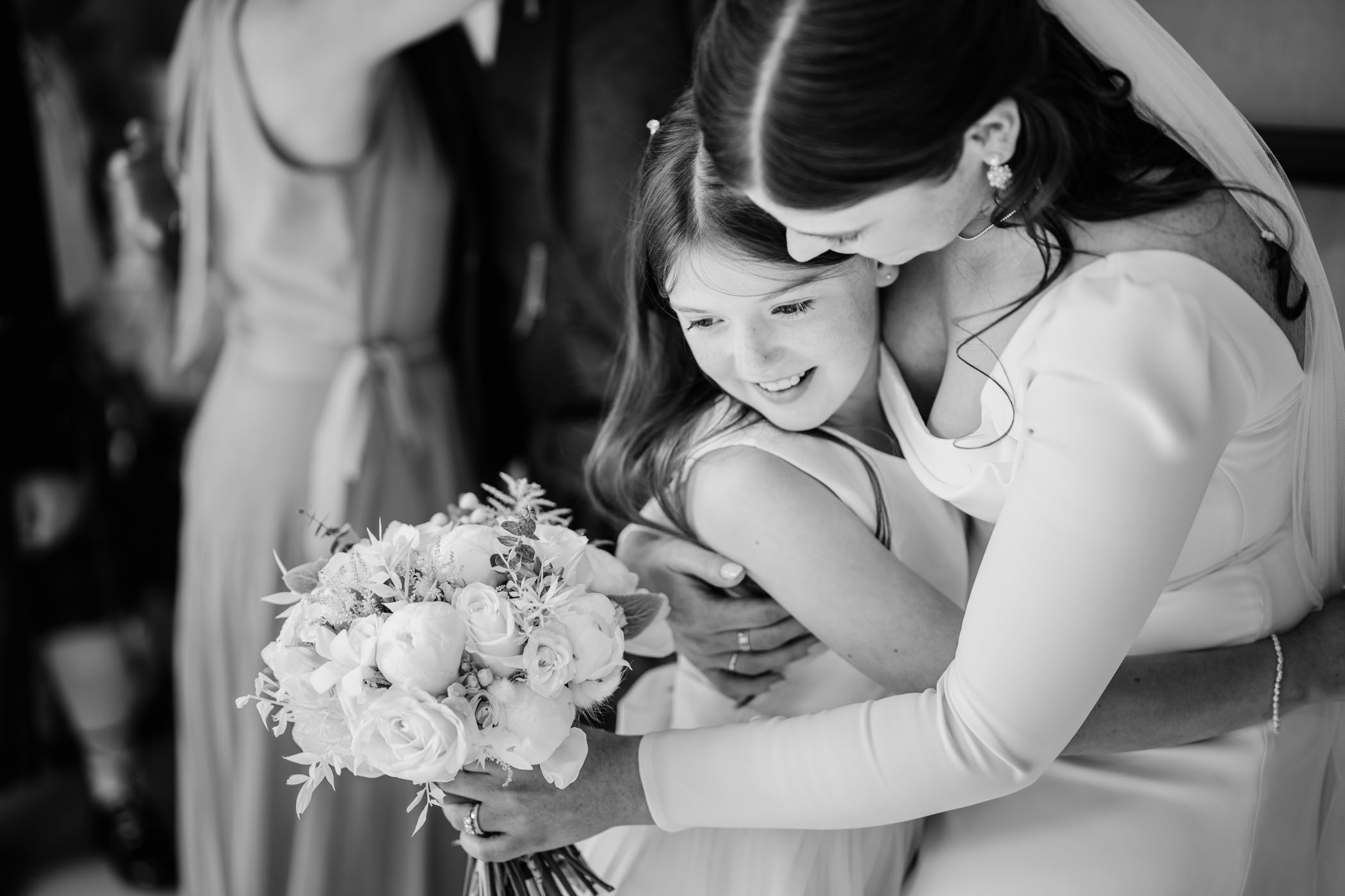 Happy flowergirl black and white photo