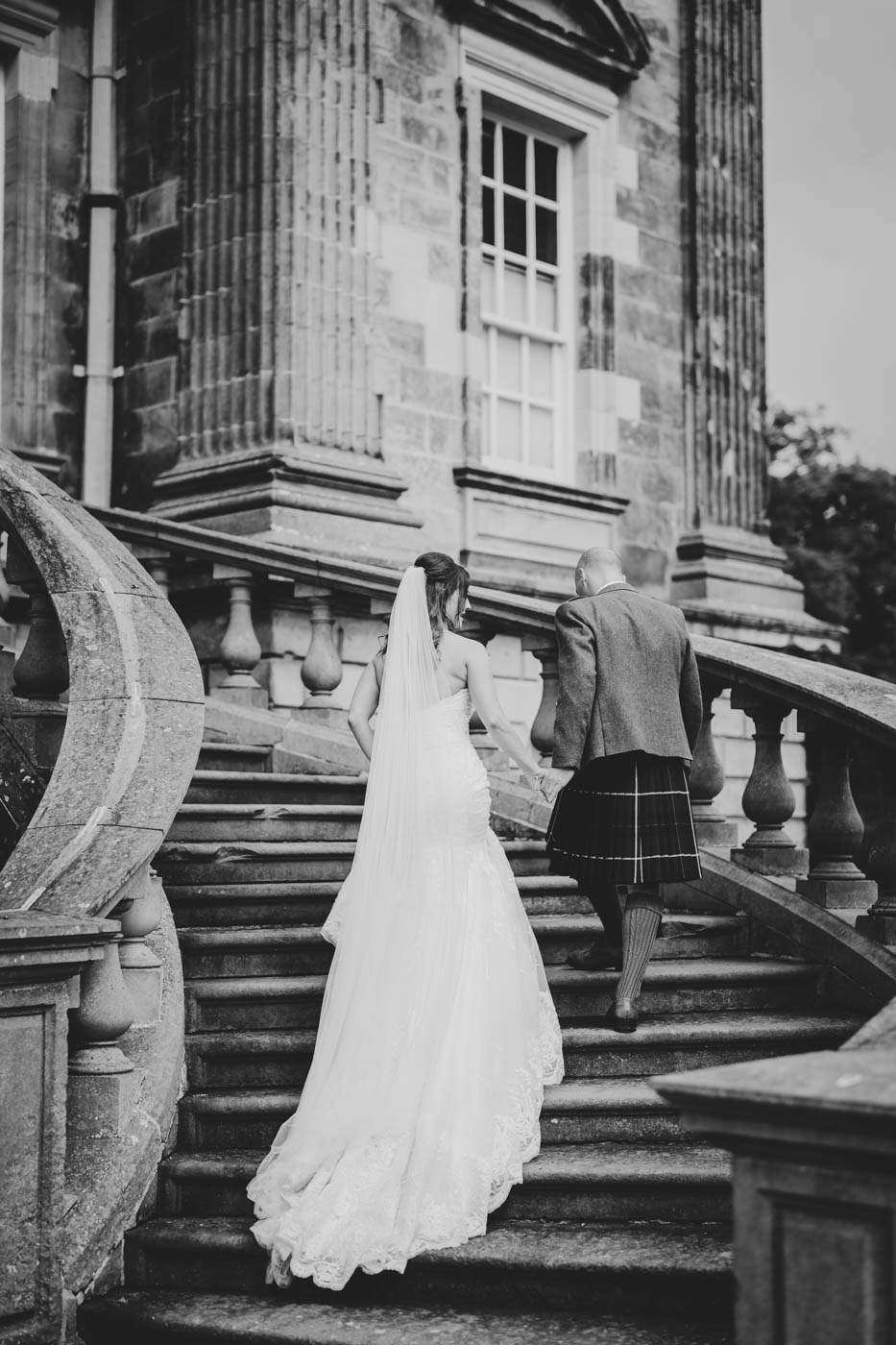 black and white image of bride and groom at Duff House